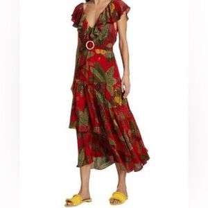 FARM Rio Red Forest Bird V-Neck Sleeveless Belted Tiered Midi Dress Size S